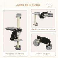 PawHut Juego de Escalada para Gatos de Pared 4 Piezas con Hamaca Bola Plataformas 84,5x19x54 cm Gris y Beige(m-5)