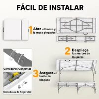 Outsunny Conjunto de Camping Plegable de Mesa y Bancos Asas para Exterior 180x74x74 cm y 182x28x42 cm Blanco(m-4)