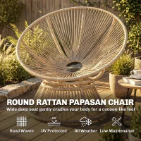 Outsunny Papasansessel 360° drehbar Korbsessel mit Kissen Stahlrahmen runder Rattansessel Loungesessel Cremeweiß(m-5)
