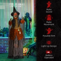 HOMCOM 183 cm Life Size Halloween Animated Standing Fat-Faced Witch with Red Light Up Eyes, Sound Activated Moving Arms & Head, Scary Witch Halloween Decorations, Battery Operated, Indoor Party Props(m-7)
