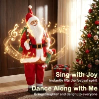 HOMCOM 4ft Singing Dancing Santa Claus, Standing Christmas Animated Santa Figure with Sack, Hanging Elf, Sound/Touch Activated(m-4)