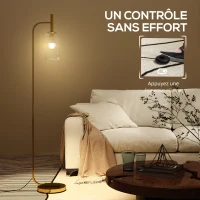 HOMCOM Lampadaire sur pied salon lampe sur pied avec abat-jour en verre texturé interrupteur à pied 29 x 25 x 152 cm métal or(m-6)