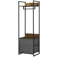 HOMCOM Clothes Rail, Metal Coat Stand, Garment Rack with 2 Fabric Storage Drawers, Single Wardrobe for Bedroom, Hallway, Rustic Brown and Grey(m-10)