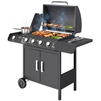 Outsunny Barbacoa de Gas con 4+1 Quemadores 14,4 KW Mesas Laterales Armario de Almacenaje Termómetro y 2 Ruedas Acero Inoxidable BBQ 125x51x100 cm Negro(m-12)