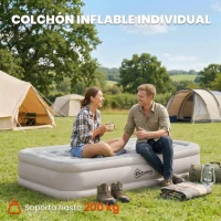 Outsunny Colchón Hinchable Individual Plegable con Bomba Inflado 3 Min Desinflado 2 Min Bolsa Carga 200 kg 190x97x39 cm Caqui(m-5)