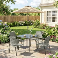 Outsunny 4 Seater Rattan Dining Set with Parasol, 6 Piece Garden Table and Stackable Chairs with Tempered Glass Tabletop(m-14)