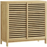 HOMCOM Armario de Baño de Bambú con 2 Puertas Correderas Diseño de Lamas 4 Estantes Mueble Auxiliar de Baño 80x34x80 cm Natural(m-1)