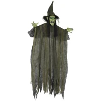 Outsunny 170 cm Life Size Hanging Halloween Animated Witch with Glowing LED Eyes, Spooky Witch Scary Halloween Decorations, Battery Operated, Indoor Party Props(m-1)