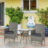 Outsunny Set Giardino Esterno 3 Pezzi in Rattan PE e Acciaio, Set 2 Sedie con Cuscini Lavabili, Braccioli, Tavolino da Caffè con Piano in Vetro, Salotto da Giardino Balcone Patio Cortile, Grigio(m-10)
