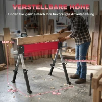 HOMCOM 2-delige set zaagbokken tot 1160 kg, inklapbaar, 7-voudig in hoogte verstelbaar (64-81 cm), metalen werkbokken met handgreep, rood(m-5)