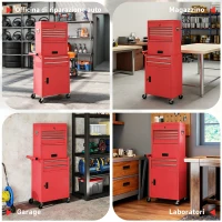 HOMCOM Carrello Porta Attrezzi in Acciaio con Serratura, 6 Cassetti, 2 Armadi, Pannello Forato, Ruote e Maniglia, Rosso(m-9)