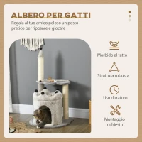 PawHut Albero Tiragraffi per Gatti con Casetta e Lettino, Rivestimento Peluche e Gioco, 48x48x86cm, Grigio(m-3)
