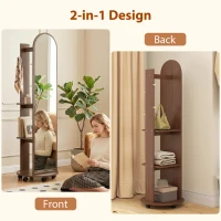 HOMCOM 2-in-1 Full Length Mirror with Storage Shelves, Floor Mirror with 4 Wheels, Coat Rack, Hooks, Brown Wood Effect(m-5)