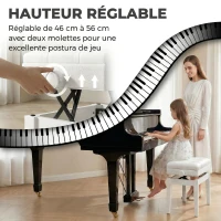 HOMCOM Banquette tabouret siège pour piano coffre intégré hauteur réglable bois hévéa assise revêtement synthétique blanc(m-4)