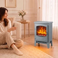 HOMCOM Electric Fireplace, Freestanding Electric Fire with Realistic Flame Effect, Log Burner, 1000W/ 2000W, Grey(m-14)