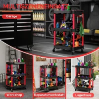 HOMCOM Gereedschapswagen, Drie Niveaus, 4 Wielen, Kunststof, 10 Haken, Zwart+Rood(m-6)