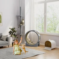 PawHut Kattenlooprad, 91 cm met Rem en Krabmat, voor Actieve en Gezonde Kattenbeweging, Grijs(m-9)