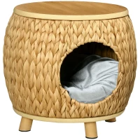 PawHut 2-in-1 kattengrot met waterhyacintgras, wasbaar kussen 44 cm x 43 cm x 42 cm, lichtbruin+natuurlijk hout+grijs(m-11)