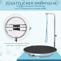 PawHut hondentrimtafel dierenverzorgingstafel draaibare droogtafel met verstelbare arm antislip tafelblad vergrendelingssysteem aluminiumlegering rand roestvrij stalen frame veiligheidslijn Ø65x 10 h(m-4)