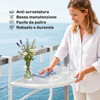 Outsunny Tavolino da Ringhiera Pieghevole con 3 Altezze Regolabili in Metallo, 60x47x50cm, Bianco(m-7)