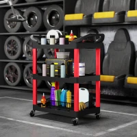 HOMCOM Carrello Porta Attrezzi a 3 Livelli in Plastica con Maniglie e Ruote, Capacità 91 kg, 83x43x97 cm, Rosso(m-10)