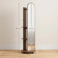 HOMCOM 2-in-1 Full Length Mirror with Storage Shelves, Floor Mirror with 4 Wheels, Coat Rack, Hooks, Brown Wood Effect(m-4)