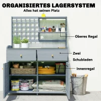 Outsunny Plantentafel met Kast Outdoor - Houten Tuinkast met Gegalvaniseerd Werkblad, 2 Lades, 104x44x140 cm, Lichtgrijs(m-5)