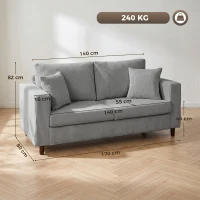 HOMCOM Sofá de 2 Lugares em Bombazina com Assento Largo e Profundo e Pés de Madeira 170x80x82 cm Cinzento-claro(m-3)