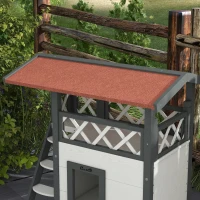PawHut Casa para Gatos de Madeira 77x50x73cm Casa para Gatos com 2 Níveis com Teto Asfáltico Terraço Cercado Caverna e Escada Branco(m-7)