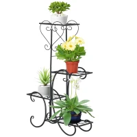 Outsunny metalen bloemenrek 4 niveaus plantenrek bloemenladder bloemenstandaard voor binnen en buiten tuinbalkon zwart 45 x 24,5 x 80 cm(m-11)