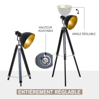 HOMCOM Lampadaire trépied style industriel hauteur réglable abat-jour ajustable E27 40W max. 65 x 65 x 108-152 cm bois métal noir et doré(m-4)