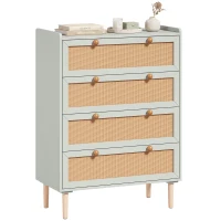 HOMCOM commode met 4 lades, boho ladekast met rattanlook fronten en grenenhouten poten, saliegroen(m-15)