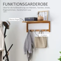 HOMCOM Wandgarderobe met haken, wandmontage, ruimtebesparend, draagvermogen 5 kg, 50 x 16 x 17,5 cm, Natuurhout(m-4)