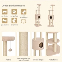 PawHut Albero Tiragraffi Robusto per Gatti con 5 Livelli, Cuccia, Casetta, Giochi e Corda Sisal, Beige, Max 30kg(m-4)