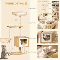PawHut Tiragraffi per Gatti con 2 Pali, Casetta, Amaca, Lettino e 2 Palline, in Legno, Pile e Sisal, 48x40x126 cm(m-5)