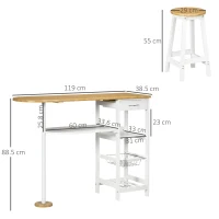 HOMCOM 3 Piece Bar Table Set, Breakfast Bar table and Stools with Storage Shelf, Drawer, Wire Basket and Wine Rack for Kitchen, Home Bar, Natural and White(m-3)