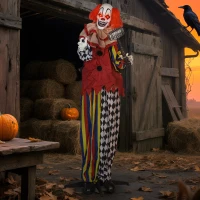 Outsunny 173 cm Life Size Halloween Animated Standing Clown & Hammer with Red Light Up Eyes, Sound Activated Moving Arms & Head, Scary Clown Halloween Decorations, Battery Operated, Indoor Party Props(m-10)