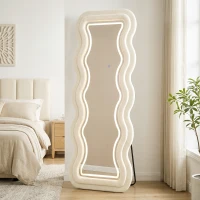 HOMCOM Full Length Mirror, 160 x 60 cm Wavy Full Body Wall Standing Mirror with Velvet Frame and LED Light Strip, Cream White(m-13)