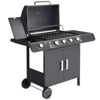 Outsunny Barbacoa de Gas con 4+1 Quemadores 14,4 KW Mesas Laterales Armario de Almacenaje Termómetro y 2 Ruedas Acero Inoxidable BBQ 125x51x100 cm Negro(m-11)