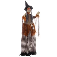 HOMCOM 183 cm Life Size Halloween Animated Standing Fat-Faced Witch with Red Light Up Eyes, Sound Activated Moving Arms & Head, Scary Witch Halloween Decorations, Battery Operated, Indoor Party Props(m-2)