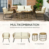 Outsunny Lounge-Set Rattan Zitgroep, Buitenmeubelset in Boho-stijl, 5-delig, 145 x 70 x 78 cm, Crème + Natuur + Zwart(m-6)