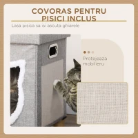 PawHut Căsuță pentru Pisici cu Covoraș pentru Zgâriat, Pernă și Minge, din Lemn și Poliester, 35.5x35.5x42.5 cm, Crem și Gri(m-5)