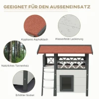 PawHut Kattenhuis Kattenhut Huisdierhut, met dak van asfalt, 2 verdiepingen, 1 ladder, Wit+Rood(m-5)