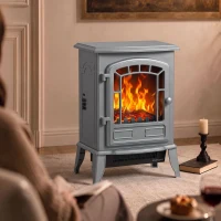HOMCOM Electric Fireplace Stove, 1000W/2000W, Freestanding Electric Fire with LED Flame Effect, Adjustable Thermostat, Grey(m-8)