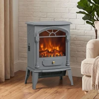 HOMCOM Freestanding Portable Fireplace, Electric Fireplace Stove Heater with 3D Flame Effect and Adjustable Thermostat, Grey(m-9)