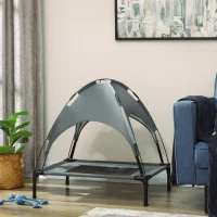 PawHut Outdoor Dog Bed with Removable Canopy, Portable Raised Dog Bed for Camping, Garden & Beach, Water-Resistant UV-Protection Mesh Pet Cot Sun Lounger, for Medium Pets, 76 x 61 x 73 cm, Grey(m-2)