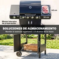 Outsunny Barbacoa de Gas con 4+1 Quemadores 14,4 KW Mesas Laterales Armario de Almacenaje Termómetro y 2 Ruedas Acero Inoxidable BBQ 125x51x100 cm Negro(m-7)