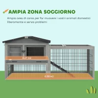 PawHut Conigliera da Esterno con Rampa, Tetto Apribile e Vassoio, in Legno di Abete, 150x52x68 cm, Grigio Chiaro(m-4)