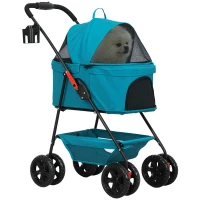 PawHut 3-in-1 Huisdierenbuggy, Opvouwbare Hondenwagen met 4 Wielen en Afneembare Drager voor Honden en Katten Turquoise(m-1)