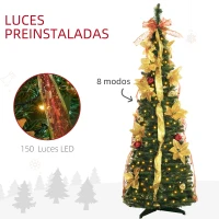HOMCOM Árbol de Navidad Plegable con Luces LED en Blanco Cálido y Adornos Pre-instalados para Interior Ø50x150 cm Verde(m-6)